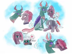 Size: 1600x1199 | Tagged: safe, artist:fallenangel5414, derpibooru import, grubber, ocellus, pharynx, tempest shadow, changedling, changeling, pony, unicorn, my little pony: the movie, alternate hairstyle, blushing, broken horn, colored sketch, crack shipping, cute, eye scar, female, interspecies, kissing, male, mare, prince pharynx, scar, scrunchy face, shipping, smiling, tempynx, twitterpated