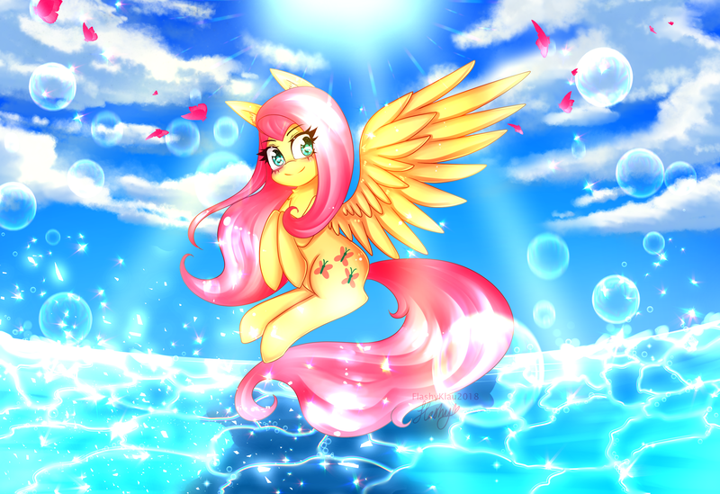 Size: 2800x1921 | Tagged: safe, artist:lightningflashyy, derpibooru import, fluttershy, pegasus, pony, female, flying, mare, sky, solo