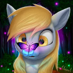 Size: 1024x1024 | Tagged: safe, artist:the1xeno1, derpibooru import, derpy hooves, butterfly, pegasus, pony, butterfly on nose, cute, derpabetes, female, fluffy, insect on nose, mare, smiling, tree, weapons-grade cute