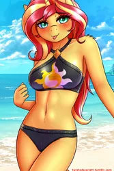 Size: 2000x3000 | Tagged: suggestive, artist:twistedscarlett60, derpibooru import, sunset shimmer, anthro, unicorn, equestria girls, equestria girls series, forgotten friendship, :p, adorasexy, beautiful, belly button, bikini, bikini bottom, black swimsuit, blushing, breasts, busty sunset shimmer, clothes, cloud, cute, cutie mark swimsuit, female, jeweled swimsuit, looking at you, mare, midriff, sexy, shoulder fluff, silly, sky, smiling, solo, solo female, summer sunset, swimsuit, tongue out