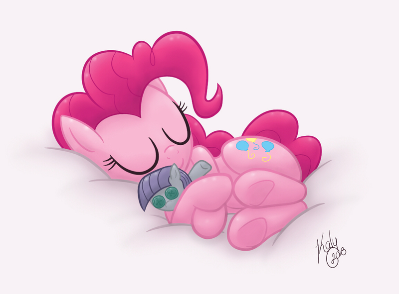 Size: 1150x850 | Tagged: safe, artist:kalyandra, derpibooru import, maud pie, pinkie pie, pony, comfy, cuddling, cute, diapinkes, plushie, sleeping, underhoof, weapons-grade cute