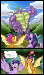 Size: 1500x2560 | Tagged: suggestive, artist:paladin-drakkenwolf, derpibooru import, smolder, spike, twilight sparkle, twilight sparkle (alicorn), alicorn, dragon, pony, molt down, abs, beefspike, comic, featureless crotch, female, flexing, growth, heart eyes, macro, male, muscle expansion, muscles, overdeveloped muscles, shipping, sound effects, spolder, spread wings, straight, wingboner, wingding eyes, winged spike, wings