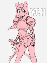 Size: 800x1067 | Tagged: safe, artist:yasuokakitsune, derpibooru import, oc, anthro, pony, unicorn, advertisement, armor, armored pony, commission, fantasy, fantasy class, solo, sword, warrior, weapon, your character here