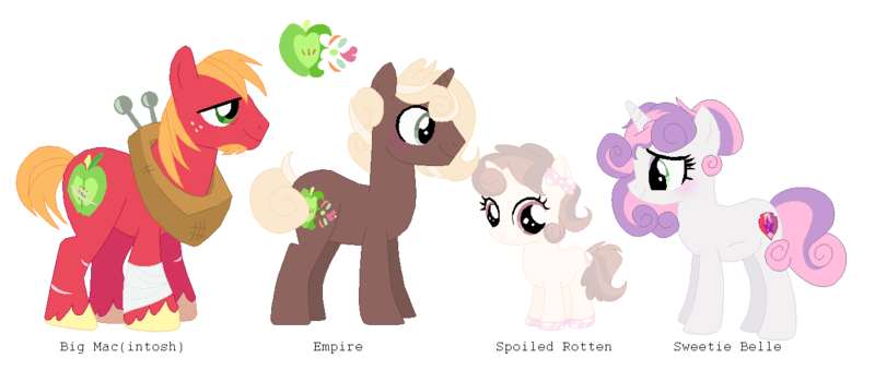 Size: 1261x535 | Tagged: safe, artist:puwaqukui, derpibooru import, big macintosh, sweetie belle, oc, oc:empire, oc:spoiled rotten, unicorn, bandage, base used, beard, bow, facial hair, female, filly, hair bow, hoof polish, male, offspring, older, older sweetie belle, parent:big macintosh, parent:sweetie belle, parents:sweetiemac, scar, shipping, simple background, stallion, straight, sweetiemac, transparent background