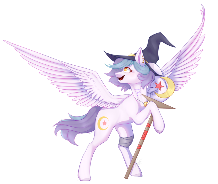 Size: 1846x1565 | Tagged: safe, artist:daringpineapple, derpibooru import, oc, oc:shylu, pegasus, pony, female, hat, mare, simple background, solo, staff, transparent background, witch hat