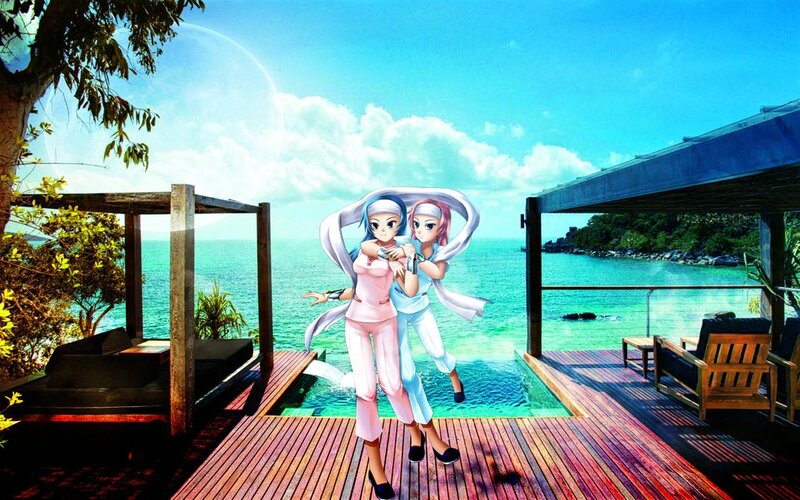 Size: 1024x640 | Tagged: aloe, artist:gpro587, artist:yatonokami, beach, derpibooru import, duo, duo female, female, human, humanized, looking at you, lotus blossom, safe