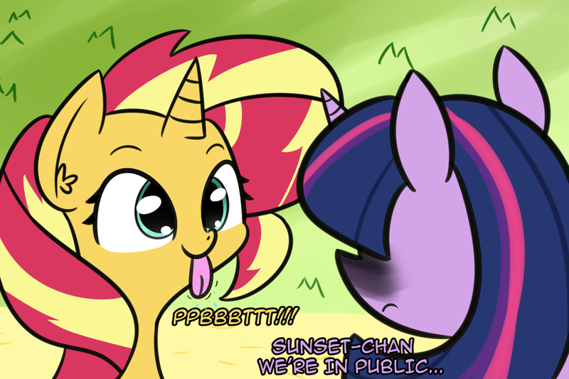 Size: 1508x1004 | Tagged: safe, artist:artiks, derpibooru import, sunset shimmer, twilight sparkle, alicorn, pony, unicorn, :p, cute, dialogue, duo, female, lesbian, mare, raspberry noise, shimmerbetes, shipping, silly, sunsetsparkle, tongue out, unamused