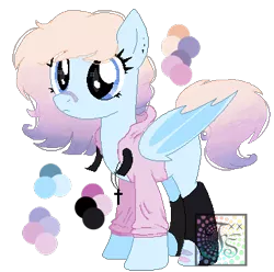 Size: 367x364 | Tagged: safe, alternate version, artist:space--paws0w0, derpibooru import, oc, oc:pastel activity, unofficial characters only, bat pony, pony, bandaid, bat pony oc, clothes, cross, ear piercing, earring, female, hoodie, jewelry, mare, necklace, piercing, reference sheet, simple background, socks, solo, transparent background, watermark