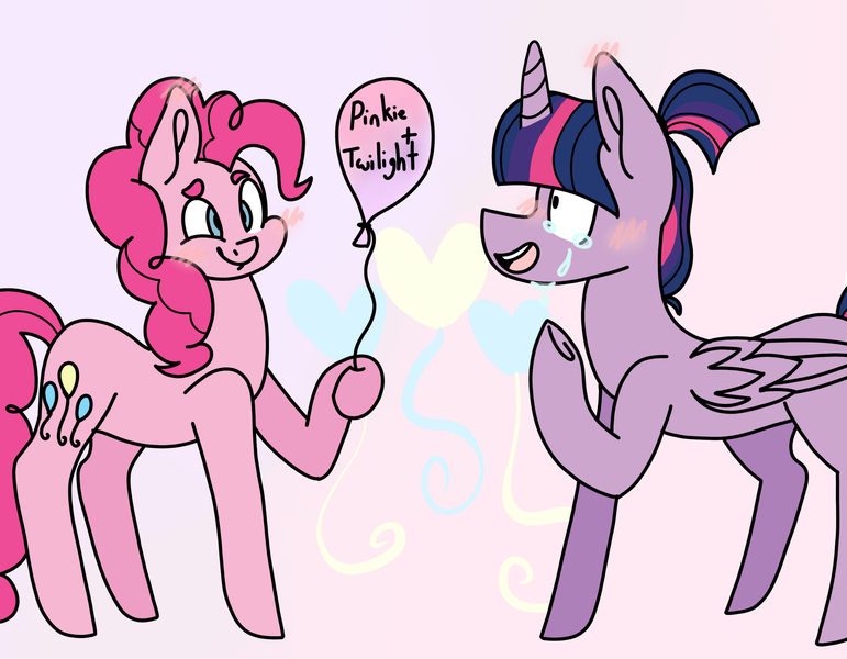 Size: 2700x2100 | Tagged: safe, artist:arrow-bow, derpibooru import, pinkie pie, twilight sparkle, twilight sparkle (alicorn), alicorn, earth pony, pony, balloon, blushing, crying, female, hoof hold, lesbian, mare, raised hoof, shipping, smiling, tears of joy, twinkie