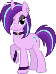 Size: 3435x4500 | Tagged: safe, artist:slb94, derpibooru import, starlight glimmer, pony, unicorn, bedroom eyes, choker, ear piercing, earring, edgelight glimmer, female, glimmer goth, goth, goth pony, gothic, jewelry, lidded eyes, looking at you, makeup, mare, piercing, simple background, smiling, solo, teenage glimmer, teenager, transparent background, vector, wristband