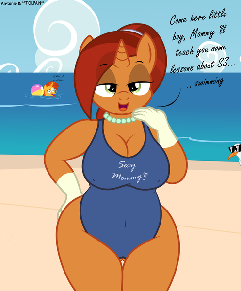 Size: 4459x5381 | Tagged: questionable, artist:an-tonio, artist:tolpain, derpibooru import, stellar flare, sunburst, anthro, seagull, unicorn, absurd resolution, ball, beach, breasts, busty stellar flare, cameltoe, clothes, cloud, collaboration, dialogue, erect nipples, female, glasses, jewelry, looking at you, milf, necklace, nipple outline, one-piece swimsuit, open mouth, pearl necklace, sand, sky, solo, solo female, stellar milf, sunglasses, swimsuit, water, wide hips