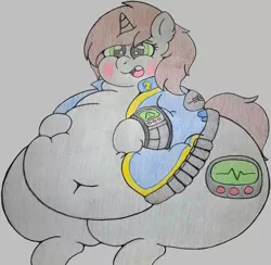 Size: 3084x3004 | Tagged: suggestive, artist:dorky-oreo-pone, derpibooru import, oc, oc:littlepip, unofficial characters only, pony, unicorn, fallout equestria, fanfic, belly, belly button, big belly, blushing, chubby, chubby cheeks, clothes, cutie mark, fanfic art, fat, female, gray background, hooves, horn, huge belly, mare, obese, open mouth, pipbuck, simple background, sitting, solo, squishy, story included, teeth, traditional art, vault suit