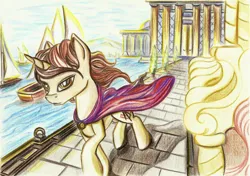 Size: 2336x1644 | Tagged: safe, artist:pedrohander, derpibooru import, oc, oc:gray compass, unofficial characters only, unicorn, cape, clothes, solo, traditional art