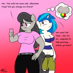 Size: 4000x4000 | Tagged: absurd resolution, anthro, artist:zeldafan777, belly button, breast expansion, breasts, busty octavia, busty vinyl scratch, cleavage, clothes, derpibooru import, dialogue, duo, duo female, female, gradient background, growth, midriff, milk, octavia melody, pants, pictogram, shirt, shorts, suggestive, thought bubble, t-shirt, tube top, vinyl scratch