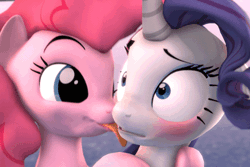 Size: 720x480 | Tagged: safe, artist:hellhounds04, derpibooru import, pinkie pie, rarity, earth pony, pony, unicorn, 3d, animated, blushing, face licking, female, gif, lesbian, licking, licking face, mare, mlem, raripie, shipping, shrunken pupils, silly, source filmmaker, tongue out, wat
