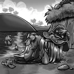 Size: 1000x1000 | Tagged: safe, artist:harwick, derpibooru import, trixie, biteacuda, fish, pony, unicorn, atg 2018, clothes, cup, female, floppy ears, grayscale, hat, inner tube, mare, monochrome, newbie artist training grounds, solo, teacup, trixie's hat, water, wet, wet mane