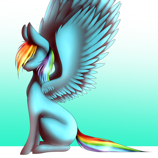 Size: 3000x3000 | Tagged: safe, artist:oceandream0, derpibooru import, rainbow dash, pegasus, pony, eyes closed, female, hair over one eye, mare, missing cutie mark, sitting, solo, spread wings, wings