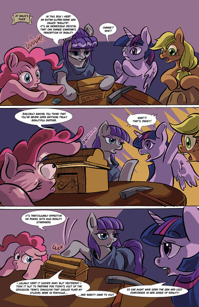 Size: 1024x1583 | Tagged: safe, artist:leavingcrow, derpibooru import, applejack, maud pie, pinkie pie, twilight sparkle, twilight sparkle (alicorn), alicorn, earth pony, pony, comic:gemmed rarity, chest, comic, maud's cave, peeking, pickaxe, table