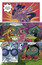 Size: 1024x1583 | Tagged: safe, artist:leavingcrow, derpibooru import, applejack, pinkie pie, rarity, twilight sparkle, twilight sparkle (alicorn), alicorn, earth pony, pony, unicorn, comic:gemmed rarity, binoculars, comic, maud's cave, monster