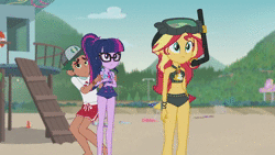 Size: 1280x720 | Tagged: safe, derpibooru import, screencap, sci-twi, sunset shimmer, timber spruce, twilight sparkle, equestria girls, equestria girls series, unsolved selfie mysteries, animated, clothes, embarrassed, geode of empathy, geode of telekinesis, lifeguard timber, ponytail, snorkel, sound, swimsuit, webm, whistling