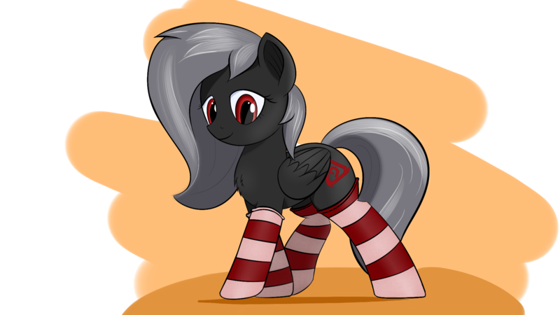 Size: 1920x1080 | Tagged: safe, artist:sergflutter, derpibooru import, edit, oc, oc:elis, unofficial characters only, pegasus, pony, chest fluff, clothes, cutie mark, simple background, smiling, socks, solo, stockings, striped socks, thigh highs, transparent background