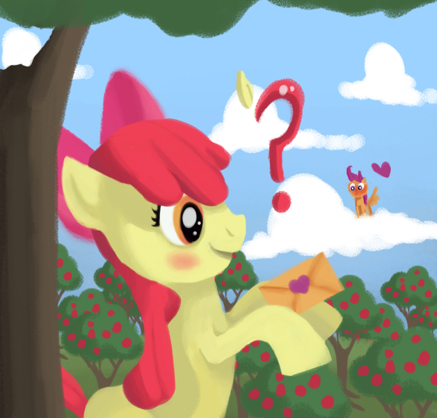 Size: 1128x1077 | Tagged: safe, artist:veobandit, derpibooru import, apple bloom, scootaloo, earth pony, pegasus, pony, apple tree, blushing, cloud, cute, female, filly, heart, lesbian, letter, love letter, question mark, scootabloom, shipping, sky, smiling, tree
