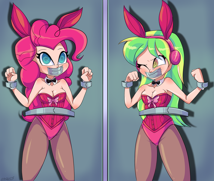 Size: 3864x3259 | Tagged: questionable, alternate version, artist:gaggeddude32, derpibooru import, lemon zest, pinkie pie, equestria girls, bondage, breasts, bunny ears, bunny suit, cleavage, clothes, duo, duo female, female, females only, femsub, gag, headphones, hypnosis, hypnotized, image, lemonsub zest, one eye closed, pinkiesub, playboy bunny lemon zest, playboy bunny pinkie pie, png, submissive, swirly eyes, tape gag