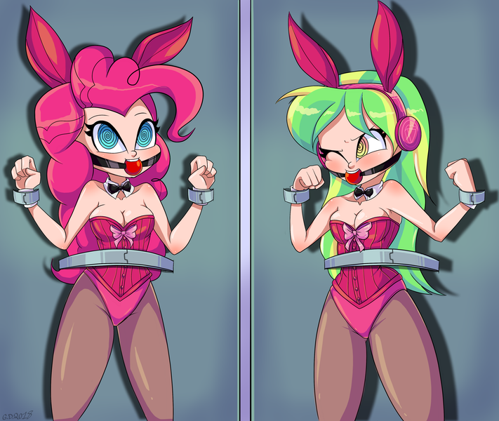 Size: 3864x3259 | Tagged: suggestive, alternate version, artist:gaggeddude32, derpibooru import, lemon zest, pinkie pie, equestria girls, ballgag, bondage, breasts, bunny ears, bunny suit, cleavage, clothes, duo, duo female, female, females only, femsub, gag, headphones, hypnosis, hypnotized, image, lemonsub zest, one eye closed, pinkiesub, playboy bunny, playboy bunny lemon zest, playboy bunny pinkie pie, png, submissive, swirly eyes