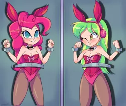 Size: 3864x3259 | Tagged: suggestive, artist:gaggeddude32, derpibooru import, lemon zest, pinkie pie, equestria girls, bondage, breasts, bunny ears, bunny suit, cleavage, clothes, duo, duo female, female, females only, femsub, headphones, hypnosis, hypnotized, image, lemonsub zest, one eye closed, pinkiesub, playboy bunny lemon zest, playboy bunny pinkie pie, png, submissive, swirly eyes