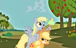 Size: 1024x651 | Tagged: safe, artist:danleman14, derpibooru import, edit, applejack, derpy hooves, angry, apple tree, cupcake, food, ponies riding ponies, tree