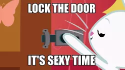 Size: 640x360 | Tagged: angel bunny, derpibooru import, door, door lock, edit, edited screencap, image macro, imminent sex, meme, screencap, sexy time, solo, suggestive