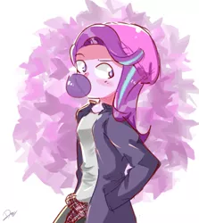 Size: 2897x3250 | Tagged: safe, artist:noahther, derpibooru import, starlight glimmer, human, equestria girls, abstract background, beanie, bubblegum, clothes, female, food, gum, hat, solo