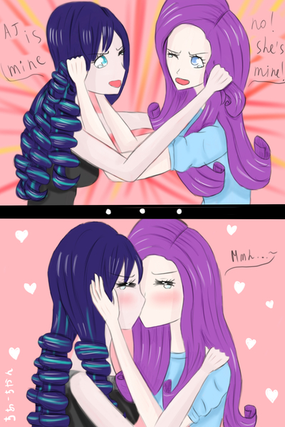 Size: 3000x4500 | Tagged: safe, artist:marie-tea-chan, derpibooru import, coloratura, rarity, human, equestria girls, anime, catfight, cute, female, fight, hair, implied lesbian, implied rarajack, implied rarijack, implied shipping, kissing, lesbian, love triangle, rarararara, rarijack vs rarajack, shipping