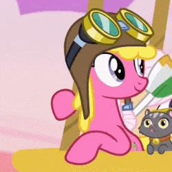Size: 353x351 | Tagged: safe, derpibooru import, screencap, cherry berry, cat, earth pony, pony, grannies gone wild, animated, aviator hat, balloon, blinking, cherrybetes, cloud, cute, female, flying, gif, goggles, goggles on head, hat, hot air balloon, image, looking back, mare, smiling, turning