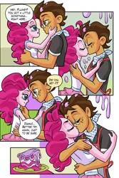 Size: 1710x2554 | Tagged: safe, artist:art-2u, derpibooru import, pinkie pie, oc, oc:copper plume, comic:the copperpie chronicles, comic:the copperpie chronicles - sweet craving, equestria girls, equestria girls series, apron, blushing, cake, canon x oc, clothes, comic, commission, commissioner:imperfectxiii, copperpie, female, food, freckles, glasses, kissing, kitchen, male, neckerchief, shirt, smiling, straight, text