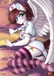 Size: 636x900 | Tagged: anthro, artist:lifejoyart, bed, blushing, breasts, clothes, derpibooru import, female, looking at you, mare, miniskirt, missing shoes, nurse, oc, oc:prism shift, panties, pegasus, pillow, skirt, skirt lift, socks, stockings, striped socks, suggestive, thigh highs, underwear, unofficial characters only