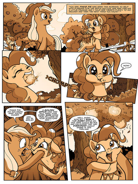 Size: 768x1024 | Tagged: safe, artist:pencils, derpibooru import, idw, applejack, pinkie pie, earth pony, pony, spoiler:comic, spoiler:comic69, apple tree, boop, comic, female, flashback, mare, noseboop, official comic, preview, sepia, speech bubble, starry eyes, tree, wingding eyes, xk-class end-of-the-world scenario