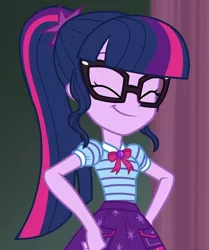 Size: 747x892 | Tagged: safe, derpibooru import, screencap, sci-twi, twilight sparkle, all the world's off stage, equestria girls, equestria girls series, ^^, all the world's off stage: twilight sparkle, cropped, cute, eyes closed, geode of telekinesis, glasses, happy, ponytail, smiling, solo, twiabetes