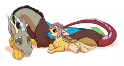 Size: 1384x737 | Tagged: artist:kerydarling, derpibooru import, discord, draconequus, father and daughter, female, hybrid, interspecies offspring, male, oc, oc:ellen, offspring, parent:discord, parent:fluttershy, parents:discoshy, safe, simple background, white background