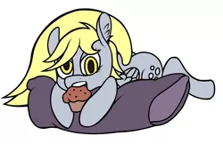 Size: 1000x646 | Tagged: safe, artist:icey-wicey-1517, artist:sepiakeys, color edit, derpibooru import, edit, derpy hooves, pegasus, pony, colored, eyeshadow, female, food, makeup, mare, muffin, nom, pillow, simple background, solo, white background