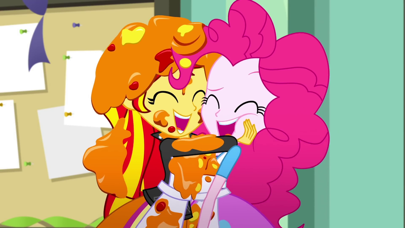 Size: 1920x1080 | Tagged: safe, derpibooru import, screencap, pinkie pie, sunset shimmer, eqg summertime shorts, equestria girls, the art of friendship, apron, cheek squish, clothes, cute, duo, hug, laughing, paint, squishy cheeks