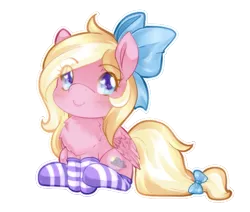 Size: 587x498 | Tagged: safe, artist:loyaldis, derpibooru import, oc, oc:bay breeze, unofficial characters only, pegasus, pony, blushing, bow, chest fluff, chibi, clothes, cute, female, hair bow, heart eyes, mare, simple background, sitting, socks, striped socks, tail bow, transparent background, wingding eyes