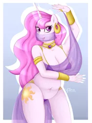 Size: 1200x1600 | Tagged: suggestive, alternate version, artist:puggie, derpibooru import, princess celestia, alicorn, anthro, princess molestia, belly button, belly dancer, belly dancer outfit, breasts, busty princess celestia, chubby, chubbylestia, fat, female, jewelry, mare, plump, skimpy outfit, solo, solo female, thick, veil