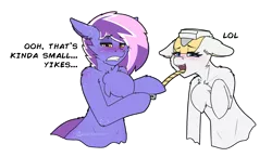 Size: 4564x2639 | Tagged: suggestive, artist:whisperfoot, derpibooru import, oc, oc:berry frost, oc:tape measure, ponified, unofficial characters only, object pony, original species, pony, blushing, butt freckles, chest fluff, cringing, dialogue, ear fluff, ear freckles, female, freckles, hooves, humiliation, idubbbz, laughing, long tongue, looking at you, male, measuring tape, mocking, mocking viewer, outline, shoulder fluff, shoulder freckles, simple background, small penis humiliation, smiling, smug, smug smile, sticker, talking to viewer, tongue out, transparent background