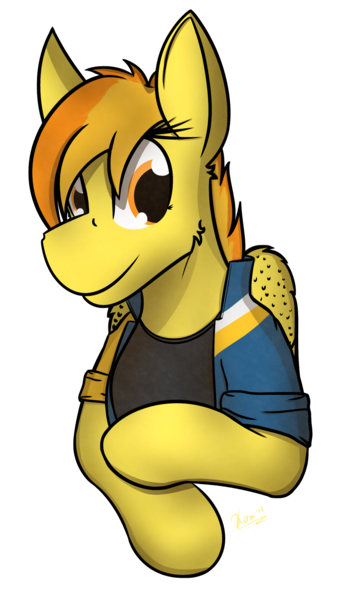 Size: 1153x2004 | Tagged: safe, artist:kamithepony, derpibooru import, spitfire, pony, firestarter spitfire, background pony, brushed mane, bust, clothes, jacket, shirt, shy, simple background, smiling, solo, transparent background