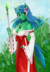 Size: 2000x2852 | Tagged: suggestive, artist:krosh, derpibooru import, oc, oc:natsumi, unofficial characters only, anthro, unicorn, anthro oc, blue hair, breasts, cleavage, clothes, cloud, female, flower, flower in hair, kimono (clothing), mare, miko, sky, staff