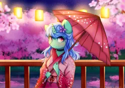 Size: 2559x1801 | Tagged: safe, artist:kottonashi, artist:sweesear, derpibooru import, oc, oc:natsumi, unofficial characters only, anthro, unicorn, anthro oc, blue hair, cherry blossoms, clothes, collaboration, digital art, dress, female, festival, flower, flower blossom, flower in hair, green coat, high res, kimono (clothing), lantern, mare, night, paper lantern, pink eyes, signature, solo, umbrella, wagasa, ych result