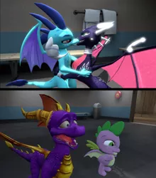 Size: 1278x1455 | Tagged: 3d, artist:hedgehogninja94, cheating, crossover, crossover shipping, cyndember, cynder, derpibooru import, dragon, dragoness, female, kissing, lesbian, lesbian in front of boys, making out, male, princess ember, safe, shipping, source filmmaker, spike, spyro the dragon, the legend of spyro, winged spike
