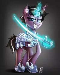 Size: 1728x2160 | Tagged: safe, artist:wildetrashbag, derpibooru import, oc, pony, unicorn, armor, commission, crystal empire, glowing horn, gradient background, grin, hoof shoes, lidded eyes, magic, smiling, solo, sword, telekinesis, weapon