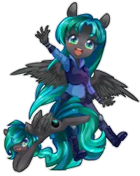 Size: 755x943 | Tagged: safe, artist:loyaldis, derpibooru import, oc, oc:crystal song, ponified, unofficial characters only, anthro, pegasus, pony, anthro with ponies, black coat, chibi, clothes, cute, female, looking at you, pagedoll, police officer, police uniform, simple background, smiling, teal eyes, teal hair, transparent background, waving